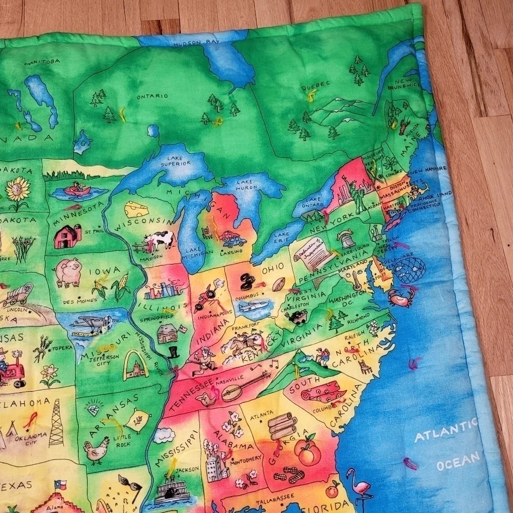 Vintage Handmade United States Map State Characteristics Quilt Floral Historical